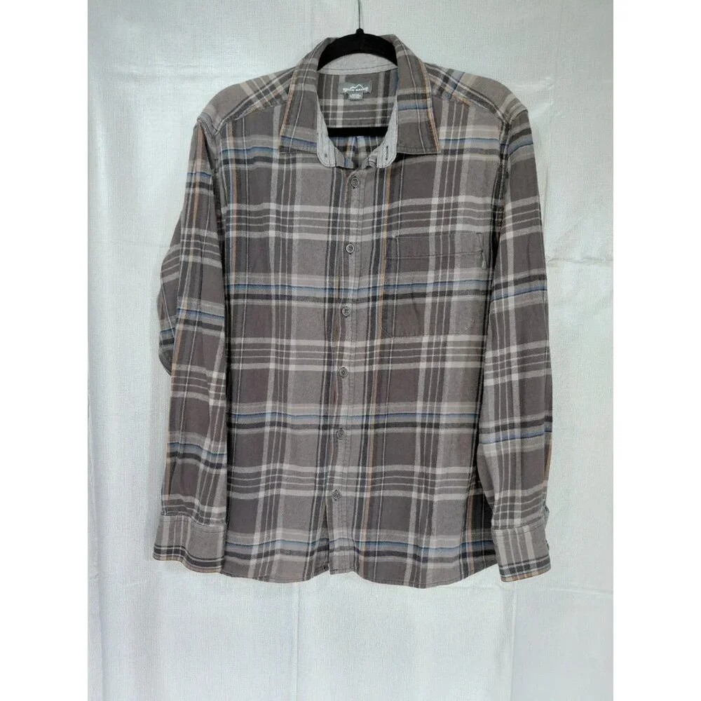 Eddie Bauer Plaid Flannel Button Up Shirt‎ Men's XXL Gray Lightweight Shacket
